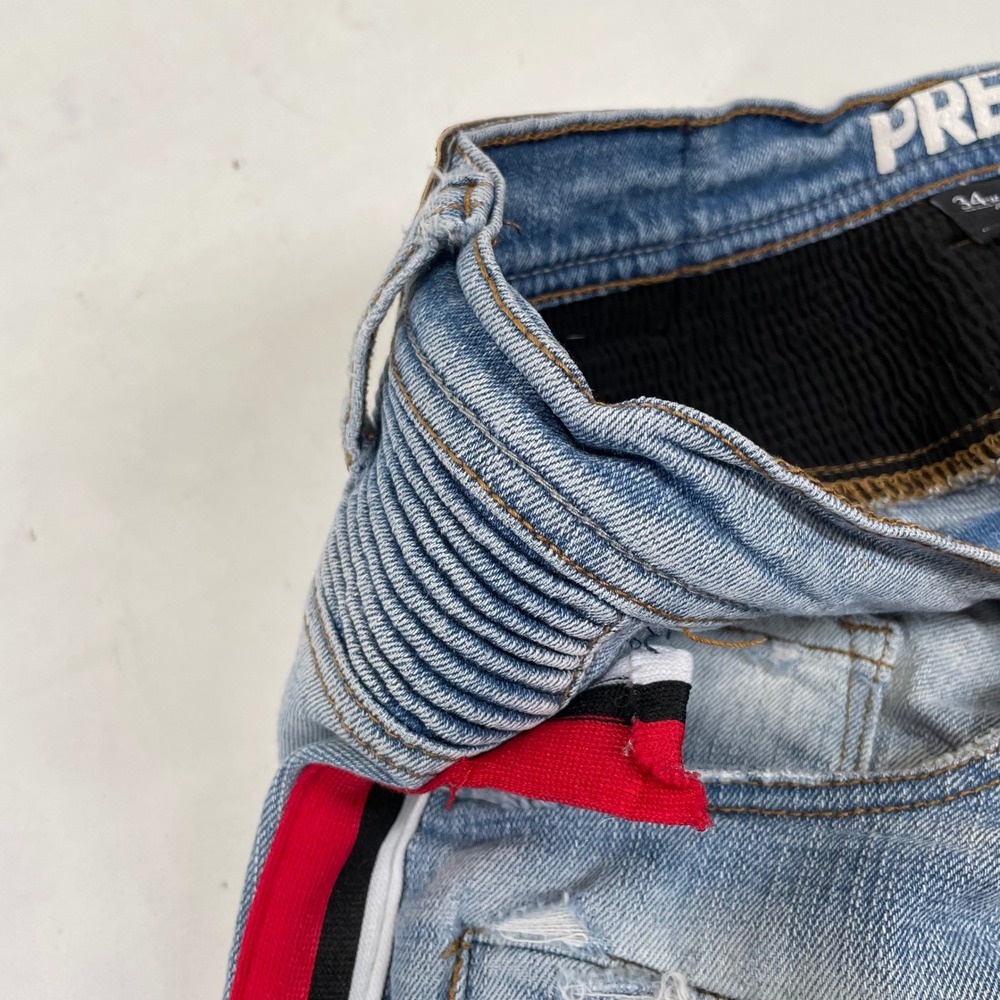 Preme Mens 34x32 Moto Biker Jeans Distressed Light Wash Side Stripe Slim Fit - Picture 10 of 10